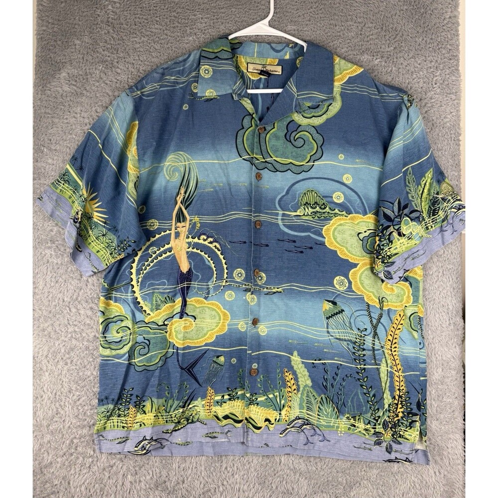 Tommy Bahama Hawaiian Camp Shirt Mens Large All Over Print Mermaid Silk Aloha